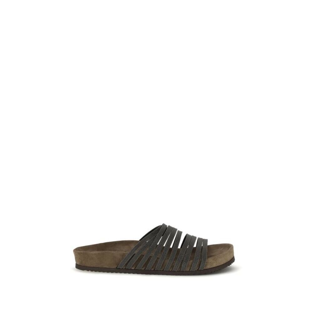 Brunello Cucinelli Black Calf Leather Bos Taurus Flat Women's Sandals